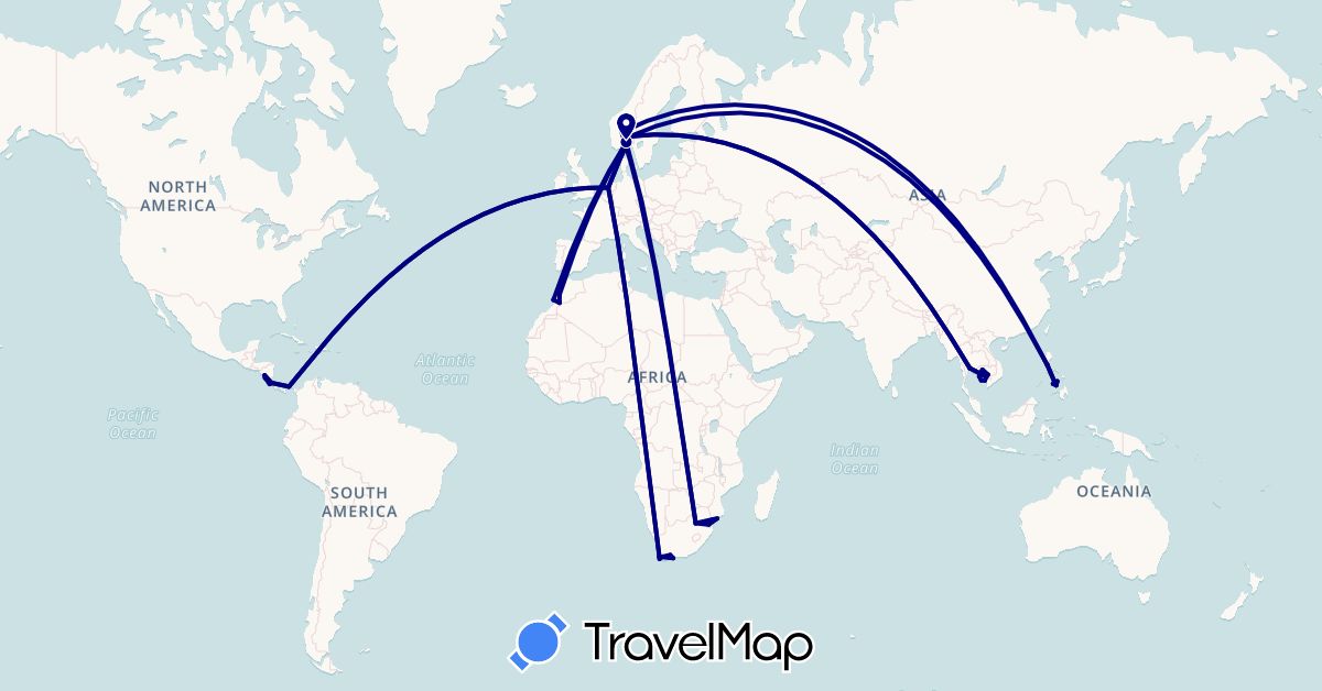 TravelMap itinerary: driving in Costa Rica, Cambodia, Morocco, Mozambique, Nicaragua, Netherlands, Norway, Panama, Philippines, Swaziland, Thailand, South Africa (Africa, Asia, Europe, North America)